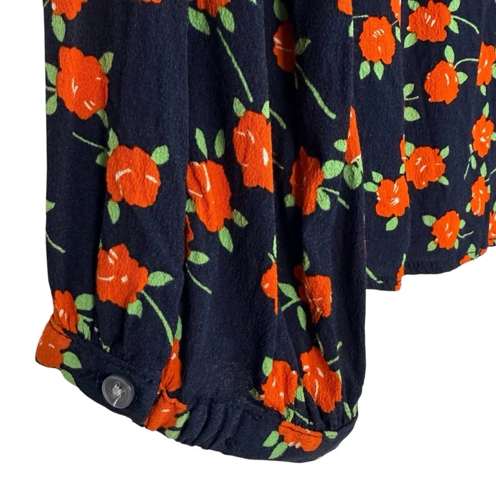 J.Crew Re-Imagined Navy Floral Viscose Blouse Long Sleeve Boho Top Size L